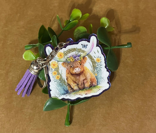 Highland Cow With Flower Crown Keychain