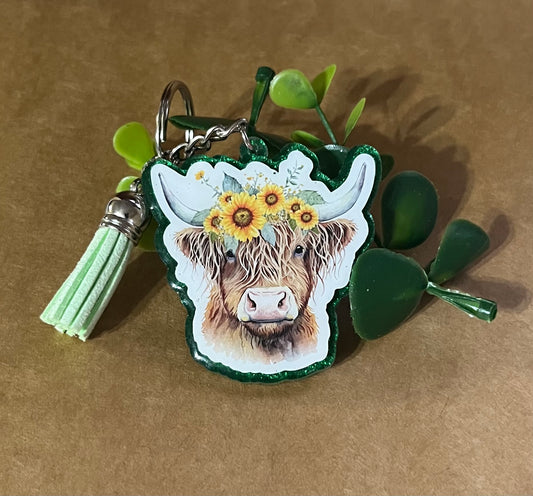 Highland Cow with Sunflowers Keychain